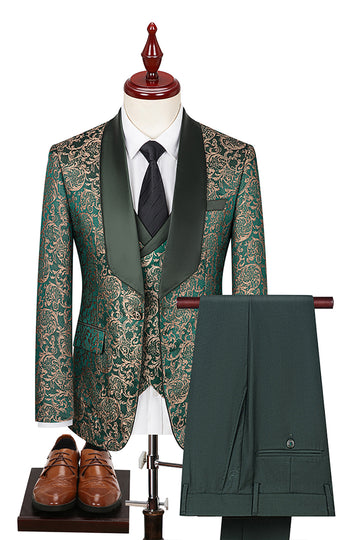 Dark Green Jacquard Shawl Lapel 3 Pieces Prom Suits